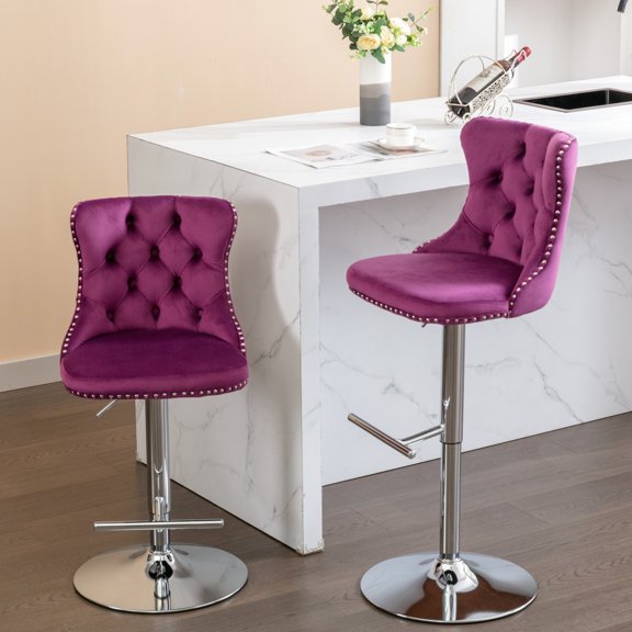 Base With Adjustable Seat 25 - 33 Inch, Velvet, Back Support, , Purple, Of 2 For Home Kitchen Pub Velvet Inch Seat, Base,