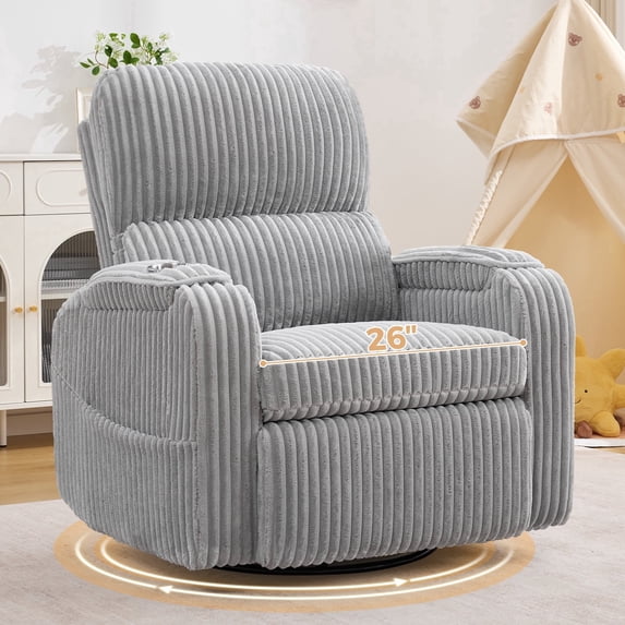 BaseBeauty 26" Swivel Electric Recliners, Swivel Rocker Recliner with Cup Holders and Storage, Nursery Recliner Glider Chair with Adjustable Headrest, White