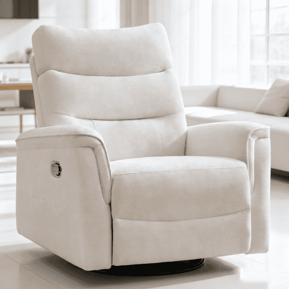 BaseBeauty 26" Swivel Rocker Recliner Manual, Rocker Recliner with Overstuffed Armrest, Chenille Nursery Recliner Glider Chair, White