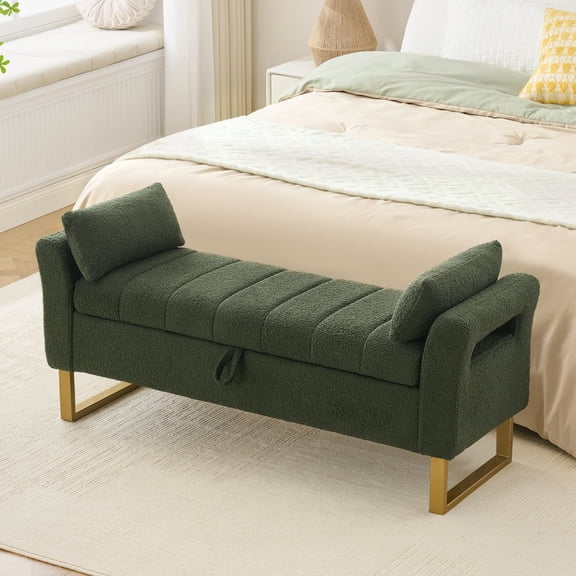 BaseBeauty 52" Storage Bench for Bedroom, End of Bed Bench with Gold Legs, Upholstered Storage Bench with Arms, Teddy Green