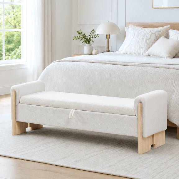 BaseBeauty 64" King Size End of Bed Storage Bench with Natural Wood Leg, White