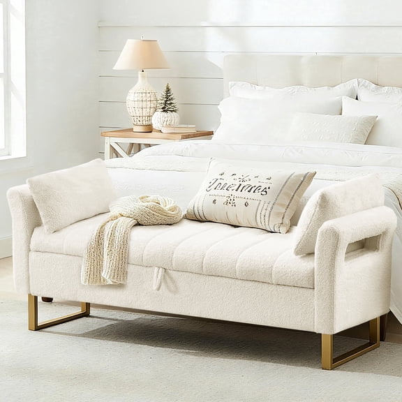 BaseBeauty 66" Storage Bench for Bedroom, End of Bed Bench with Gold Legs, Upholstered Storage Bench with Arms, Teddy Cream White