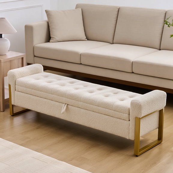 BaseBeauty 67" Storage Bench for Bedroom, End of Bed Bench with Golden Metal Legs, Upholstered Storage Bench, Teddy Beige