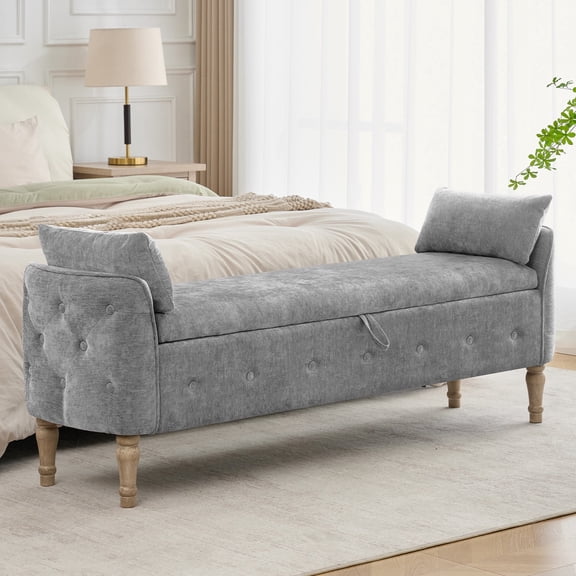 BaseBeauty End of Bed Bench with Storage, with Tufted Armrest, Zipper Pocket, Vintage Wooden Brush Foot,Khaki Gray