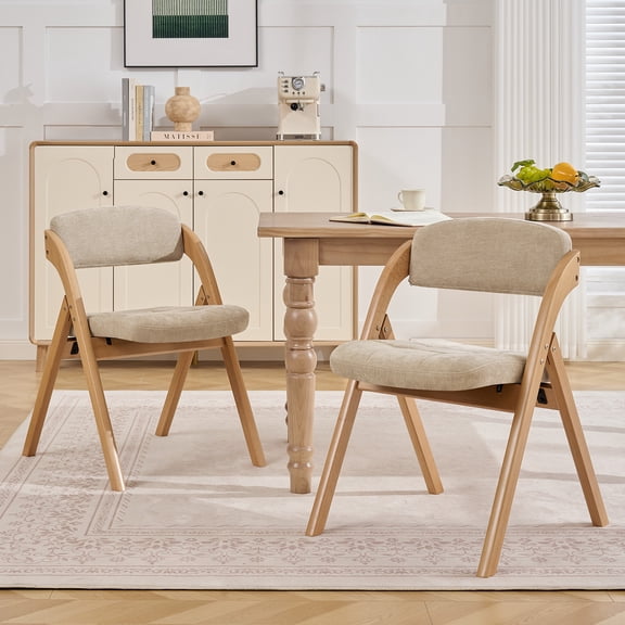 BaseBeauty Folding Chairs with Padded Seats, Wooden Stackable Dining Chair Set of 2 for Guests Kitchen Office Wedding Party Picnic, Khaki