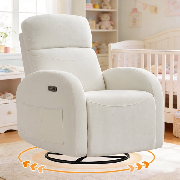 BaseBeauty Power Swivel Rocker Recliner, Swivel Glider Recliner with Type-C & USB Port, Nursery Recliner Glider Chair with Double Pockets, Chenille White