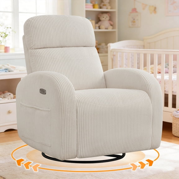 BaseBeauty Power Swivel Recliner Rocker Nursery, Nursering Glider Recliner, Swivel Rocking Reclining with Double Pockets, Corduroy Cream White