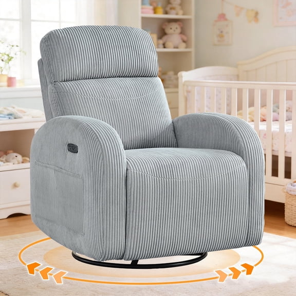 BaseBeauty Power Swivel Rocker Recliner, Swivel Glider Recliner with Type-C & USB Port, Rocking Chair for Nursery with Double Pockets, Corduroy Gray