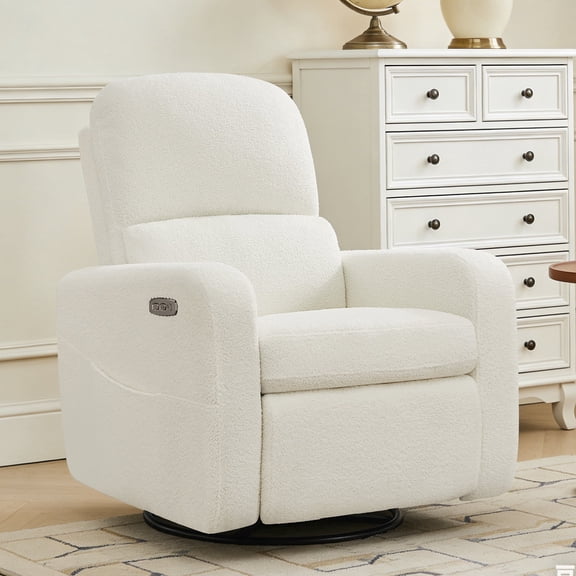 BaseBeauty Power Swivel Rocker Recliner, Nursery Recliner Glider Chair with Removable Cushion, Swivel Glider Recliner with Double Pockets, Teddy White
