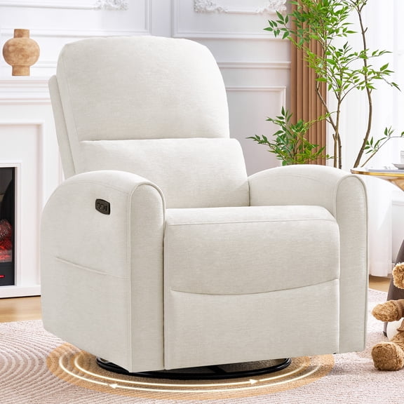 BaseBeauty Power Swivel Rocker Recliner, Rocker Recliner with Lumbar Support, Nursery Recliner Glider Chair, White