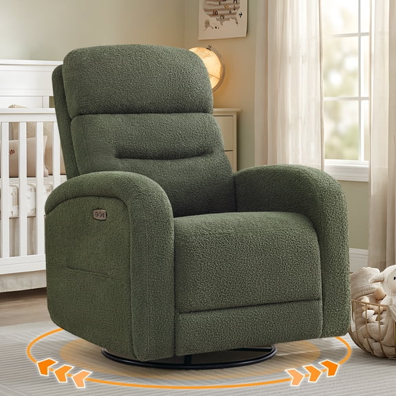 BaseBeauty Power Swivel Rocker Recliner, Teddy Nursery Recliner Glider Chair with Type-C & USB Port, Swivel Rocker Recliner with Double Pockets, Green