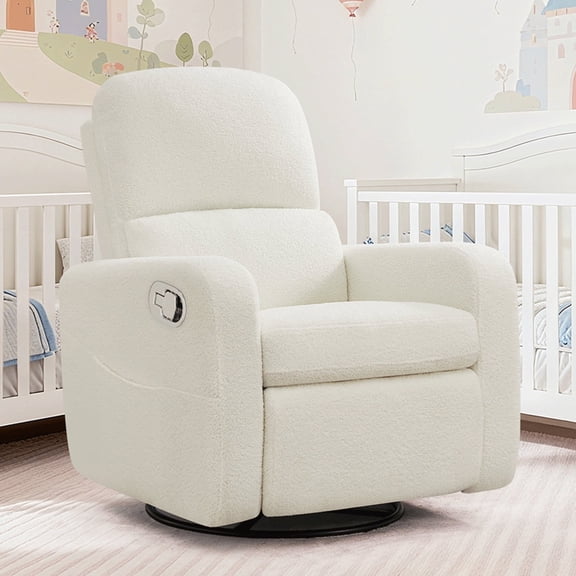 BaseBeauty Swivel Rocker Recliner Manual, Oversized Nursery Recliner Glider Chair with Removable Cushion, Nursery Glider Recliner with Double Pockets, Teddy White