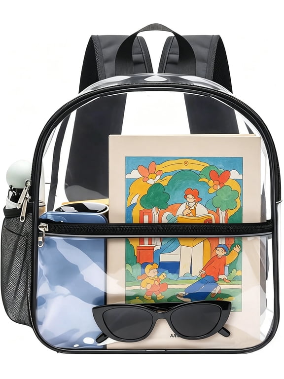 Clear Backpack Stadium Approved, 0.4mm PVC Transparent Backpack with Padded Straps, See-Through Bag for Sports Games, Concerts, Travel, Black