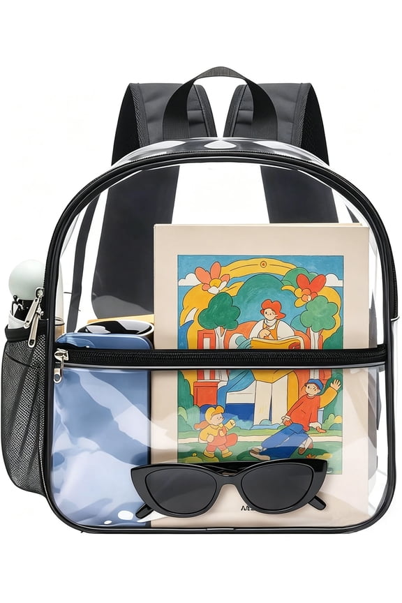 Clear Backpack Stadium Approved, 0.4mm PVC Transparent Backpack with Padded Straps, See-Through Bag for Sports Games, Concerts, Travel, Black