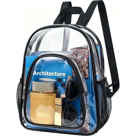 BaseGet Clear PVC Mini Backpack, Cold-Resistant See Through Bag with Multi-Pocket, 12x9.5x4 inch for Concerts Sports, Black