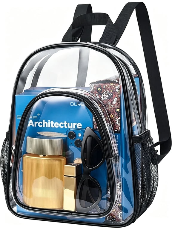 Clear PVC Mini Backpack, Cold-Resistant See Through Bag with Multi-Pocket, 12x9.5x4 inch for Concerts Sports, Black