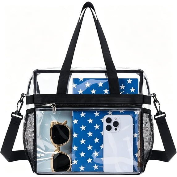 BaseGet Clear Tote Bag with Adjustable Strap, Stadium Approved Transparent Bag for Sports Games, Concerts, Beach, Black