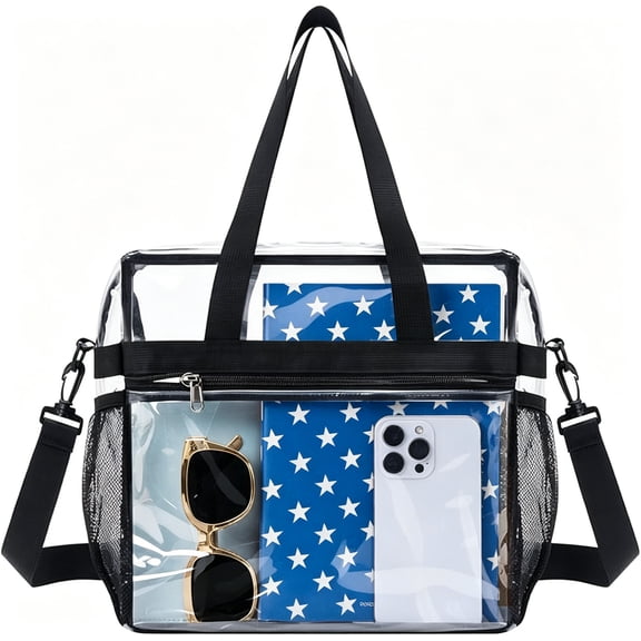 BaseGet Clear Tote Bag Stadium Approved, Clear Crossbody Shoulder Bag with Adjustable Strap, Transparent Bag for Sports Games, Concerts, Beach, Black