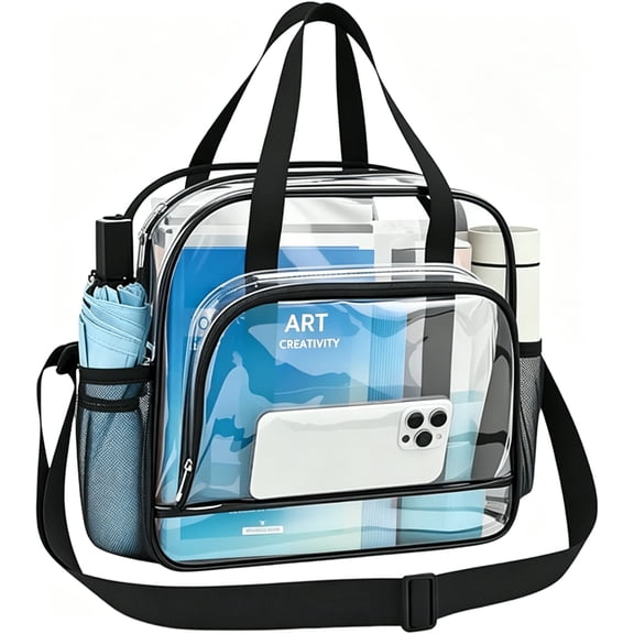 BaseGet Clear Tote Bag Stadium Approved, 0.4mm PVC Transparent Crossbody Bag with Detachable Strap, See-Through Bag for Sports Games, Concerts, Black