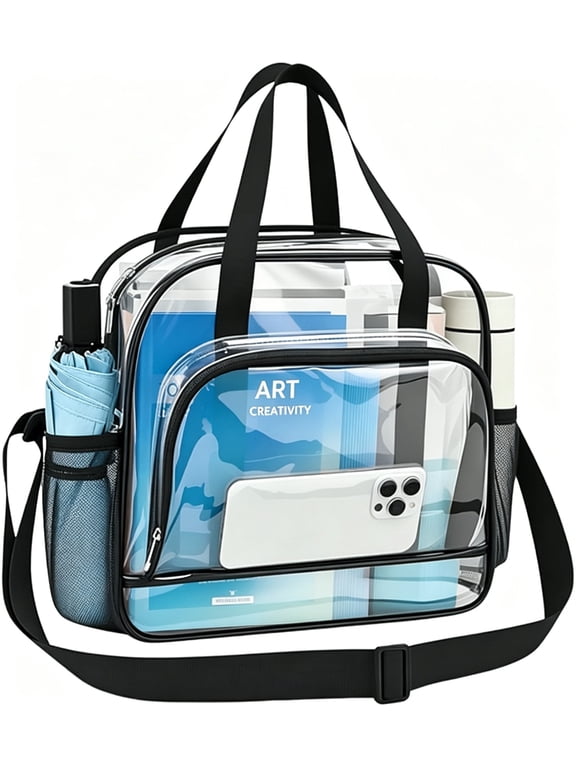 Clear Tote Bag Stadium Approved, 0.4mm PVC Transparent Crossbody Bag with Detachable Strap, See-Through Bag for Sports Games, Concerts, Black