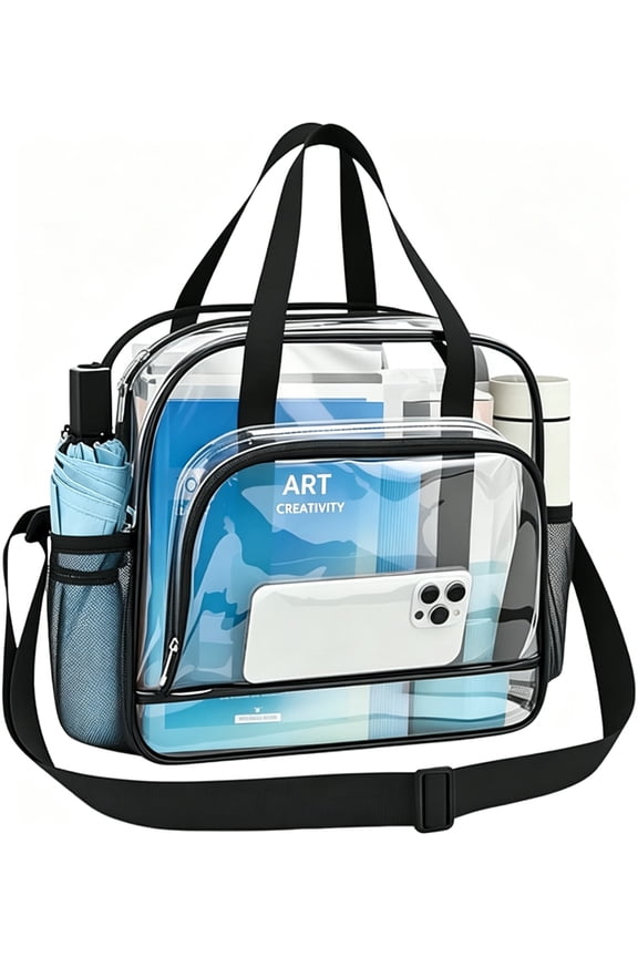 Clear Tote Bag Stadium Approved, 0.4mm PVC Transparent Crossbody Bag with Detachable Strap, See-Through Bag for Sports Games, Concerts, Black