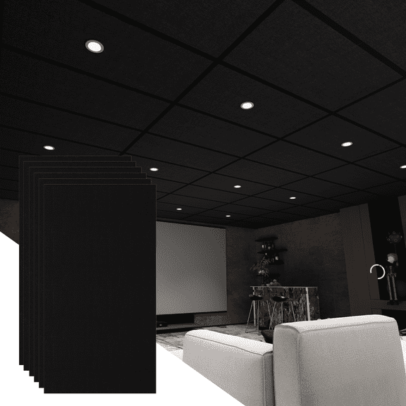 BaseNoir 6 PCS Black Polyester Fiber Acoustic Ceiling Tiles Reduce Light Reflection 2X4 Ft Soundproof Ceiling Panels 0.36" Thick Moisture Resistant Ideal for Home Theater Basement Cover 48 Sq.Ft