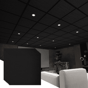 BaseNoir 6 PCS Black Polyester Fiber Acoustic Ceiling Tiles Reduce Light Reflection 2x2 Ft Soundproof Panels 0.36" Thick Moisture-Proof Flame-Retardant Ideal for Home Theater Basement Cover 24 Sq.Ft