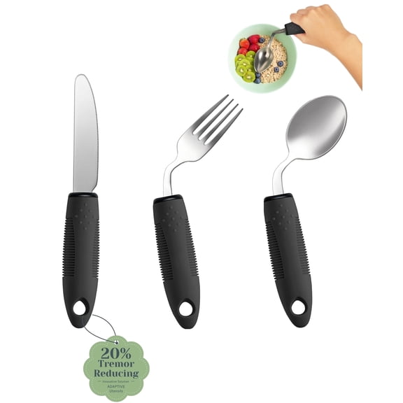 BaseSmall 3-Piece Adaptive Utensils Set - 42°Angled Parkinsons Utensils, 2.5 oz Weighted Utensils for Tremors and Parkinsons Patients, Weighted Silverware for Hand Tremors(Black:Left-Handed)