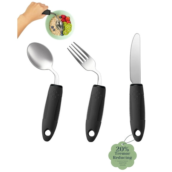 BaseSmall 3-Piece Adaptive Utensils Set - 42°Angled Parkinsons Utensils, 2.5 oz Weighted Utensils for Tremors and Parkinsons Patients, Weighted Silverware for Hand Tremors(Black:Right-Handed)
