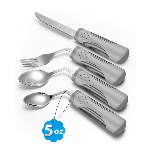 BaseSmall Adaptive Utensils (4-Piece Set) Weighted 5 oz - 42° Angled Utensils for Parkinson's Patients, Hand Tremors, Arthritis & Elderly - Eating Utensils for Elderly (Grey: Right Handed)