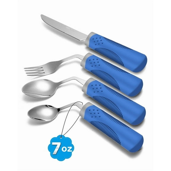BaseSmall Adaptive Utensils (4-Piece Set) Weighted 7 oz - 42° Angled Utensils for Parkinson's Patients, Hand Tremors, Arthritis & Elderly - Eating Utensils for Elderly (Blue: Right Handed)