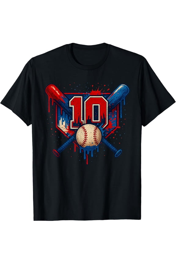 Baseball 10 Year Old Splash Drip 10th Birthday Number 10 T-Shirt