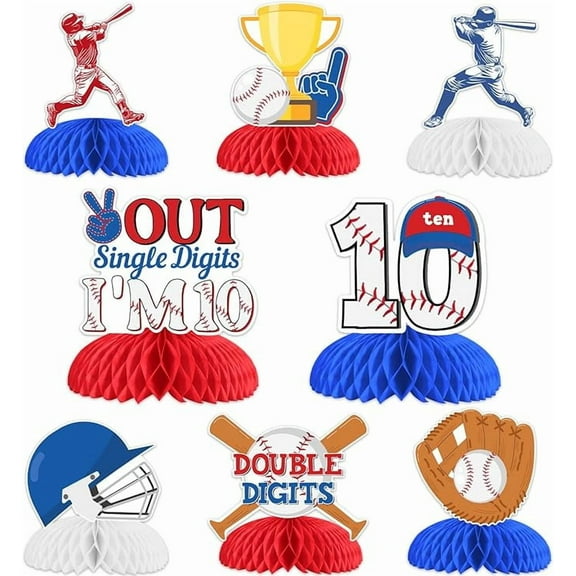 Baseball 10th Birthday Decorations for Boys, 8pcs Baseball Theme Honeycomb Centerpiece Out Single Digits i'm 10 Double Digits Table Toppers for Sports Baseball Theme Happy 10th Birthday Boys