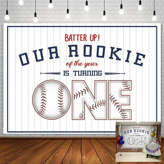 Baseball 1st Birthday Backdrop for Boy Our Rookie of The Year is Turning One Party Decorations Supplies Sports Ball White Stripe Photo Photography Background Banner Props Supplies