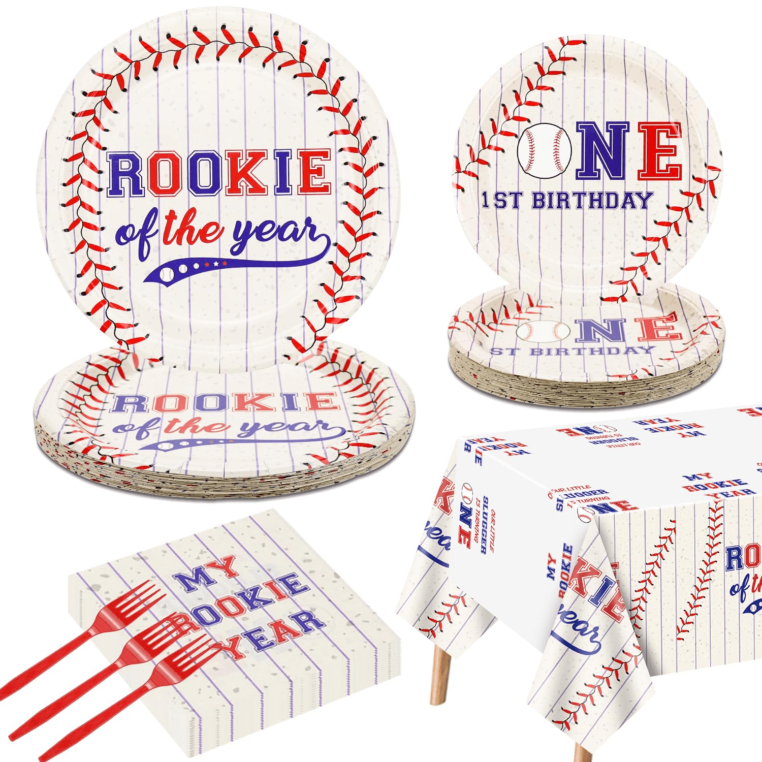 Baseball 1st Birthday Party Supplies for 20 Guests, Disposable Tableware Set includes Rookie of The Year Paper Plates, Tablecloth, Napkins and Forks for Boys Baby First Baseball Party Decorations