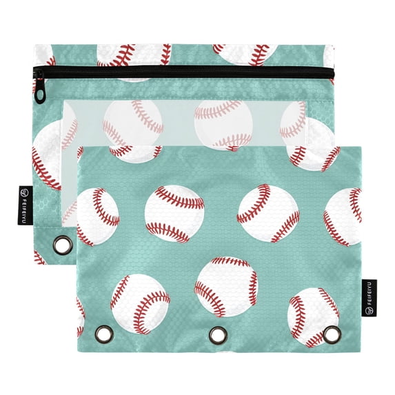 Baseball 2 Pack Pencil Pouch for 3 Ring Binder Smooth Zipper Folders with Pockets Clear Window Pencil Case