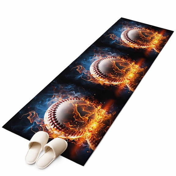 Baseball, 2'x6' Runner Rug, Sports Theme Gradient Orange Blue Black Washable Non-Slip Area Rugs for Hallway Kitchen Floor Bedroom Entryway, Laundry Carpet Decoration Indoor Mat