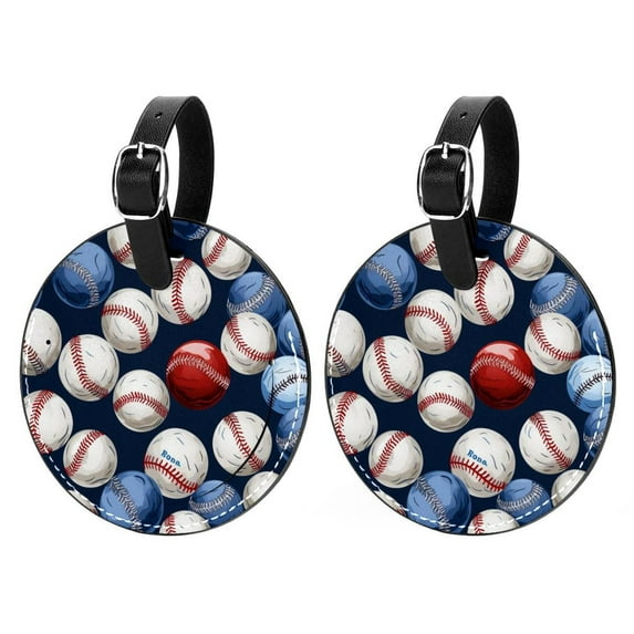 Baseball 2Pcs PU Leather Round Luggage Tags with Privacy Cover and Name ID Tag for Suitcase, Handbags, Backpacks, School Bags