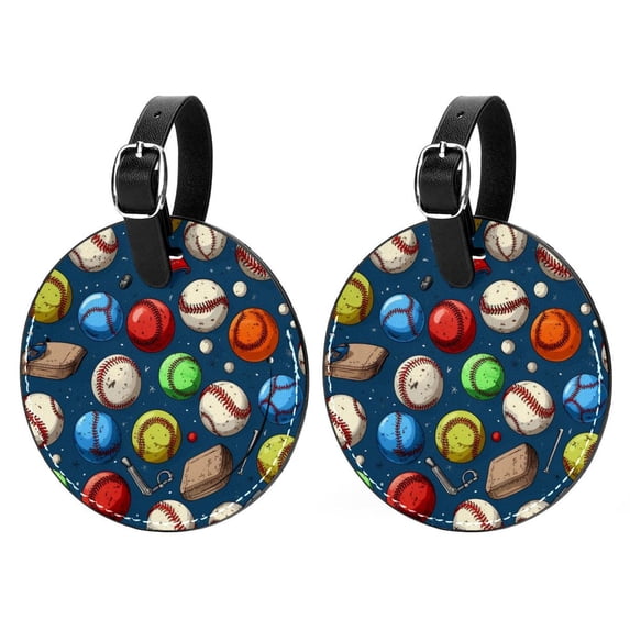 Baseball 2pcs PU Leather Round Bag Tags with Privacy Cover and Name ID Tag - Suitcase Tags for Travel Luggage, Handbags, Backpacks, School Bags