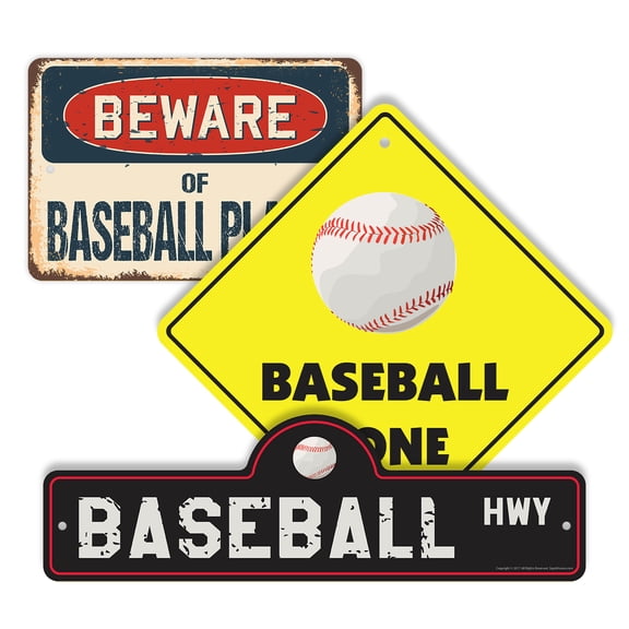 Baseball (3 Pack) Plastic Street Sign Crossing Sign Warning Sign Vintage Rustic Beware Warning Xing Sports Bat Ball Field Game Team Pitcher Hitter League Stadium Decor