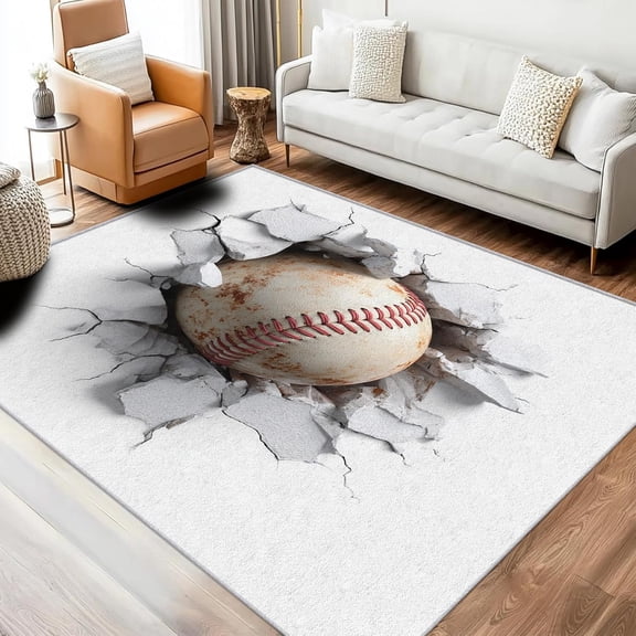 Baseball 3D Optical Illusion Area Rug, Sport Design Carpet, Washable Non Slip Soft Low Pile, Living Room Bedroom Kitchen Office Mat 2x3ft