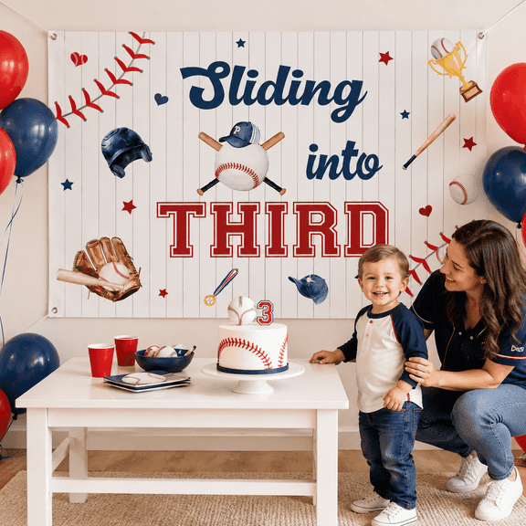Baseball 3rd Birthday Backdrop Banner 4.92*3.28ft Red Blue Sliding Into Third Photography Background for Boys Sports Ball Baseball Third Birthday Decor Sports Game Three Years Old Bday Party Supplies