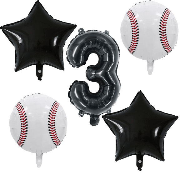 Baseball 3rd Birthday Party Balloons Black White Number Foil Star Set Balloons