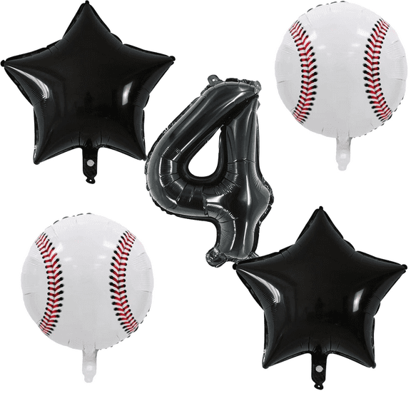 Baseball 4th Birthday Party Balloons Kit Black White Number Foil Stars Balloons
