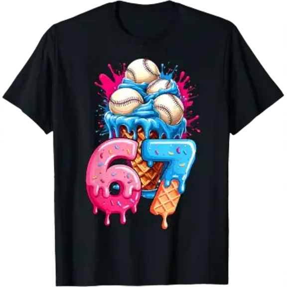 Baseball 6 7 Ice Cream Cone Drip Funny Game Day Six Seven T-Shirt