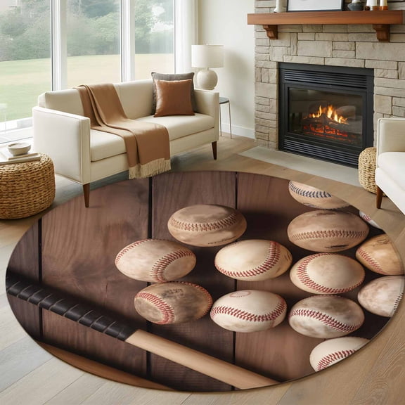 Baseball 8' Round Area Rug, Farmhouse Retro Sport Theme Brown Wooden Grain Washable Non-Slip Large Circle Rugs for Living Room Bedroom, Soft Low Pile Rug Carpet for Dining Room Kitchen Farmhouse