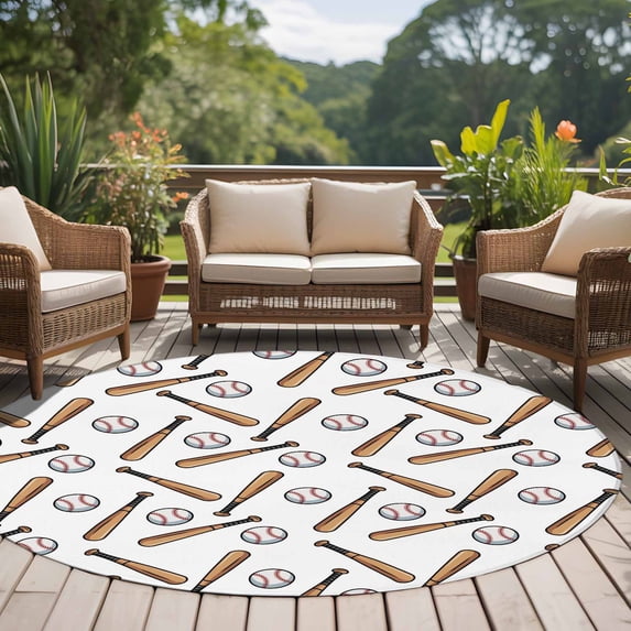 Batters Rug Baseball 8ft Round Rug for Open Concept Living Room Seating Zone, Retro ...