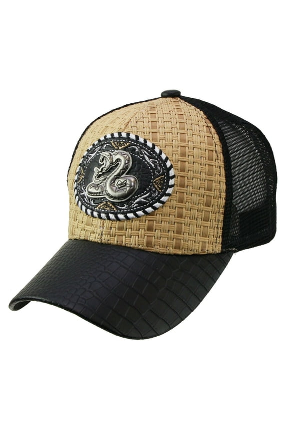 Baseball ANIMAL TRUCKER CAP HAT Premium Emblem Casual Leather Brim Mesh (SNAKE / KHAKI-B)