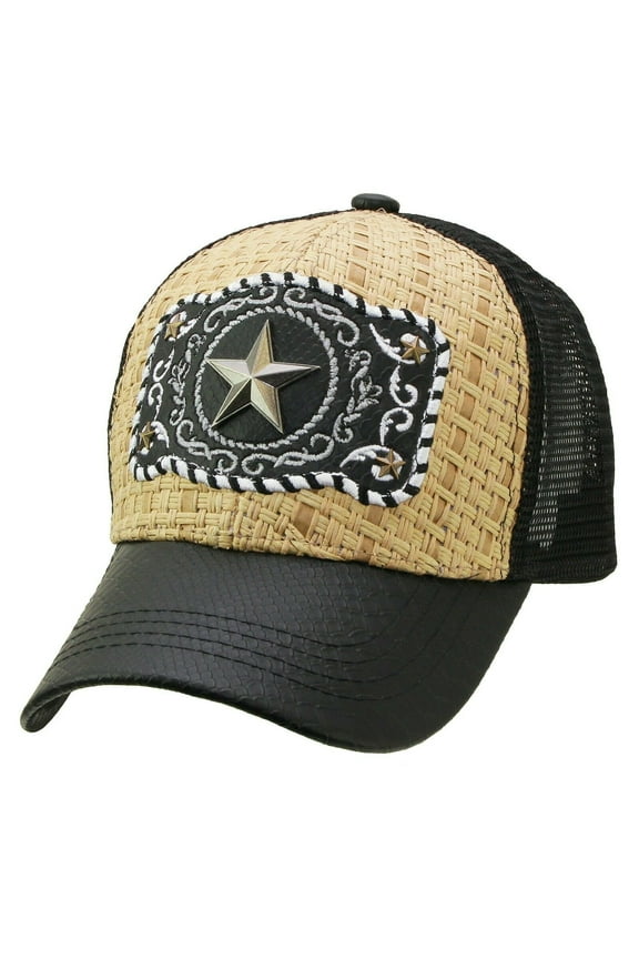 Baseball ANIMAL TRUCKER CAP HAT Premium Emblem Casual Leather Brim Mesh (STAR / KHAKI-B)