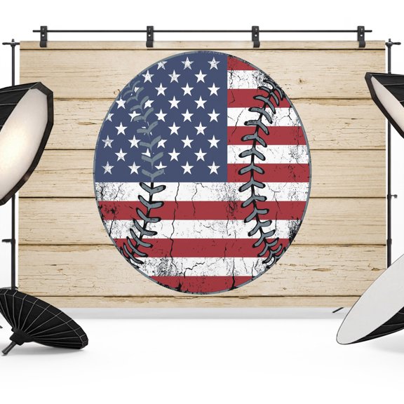 Baseball American Flag Backdrops for Photography, Rustic Wood Grain Patriotic Fabric Photo Background Sturdy Studio Props for Photo Studio, Video Recording, Booth & Photoshoot 7x5ft